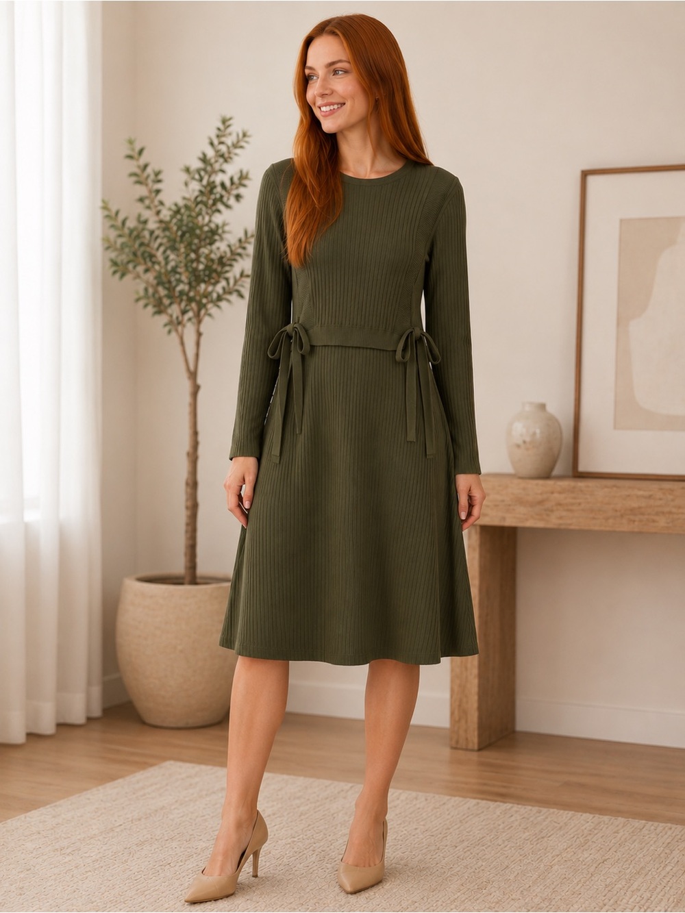 Ribbed Olive Green Midi Dress with Tie-Waist Detail